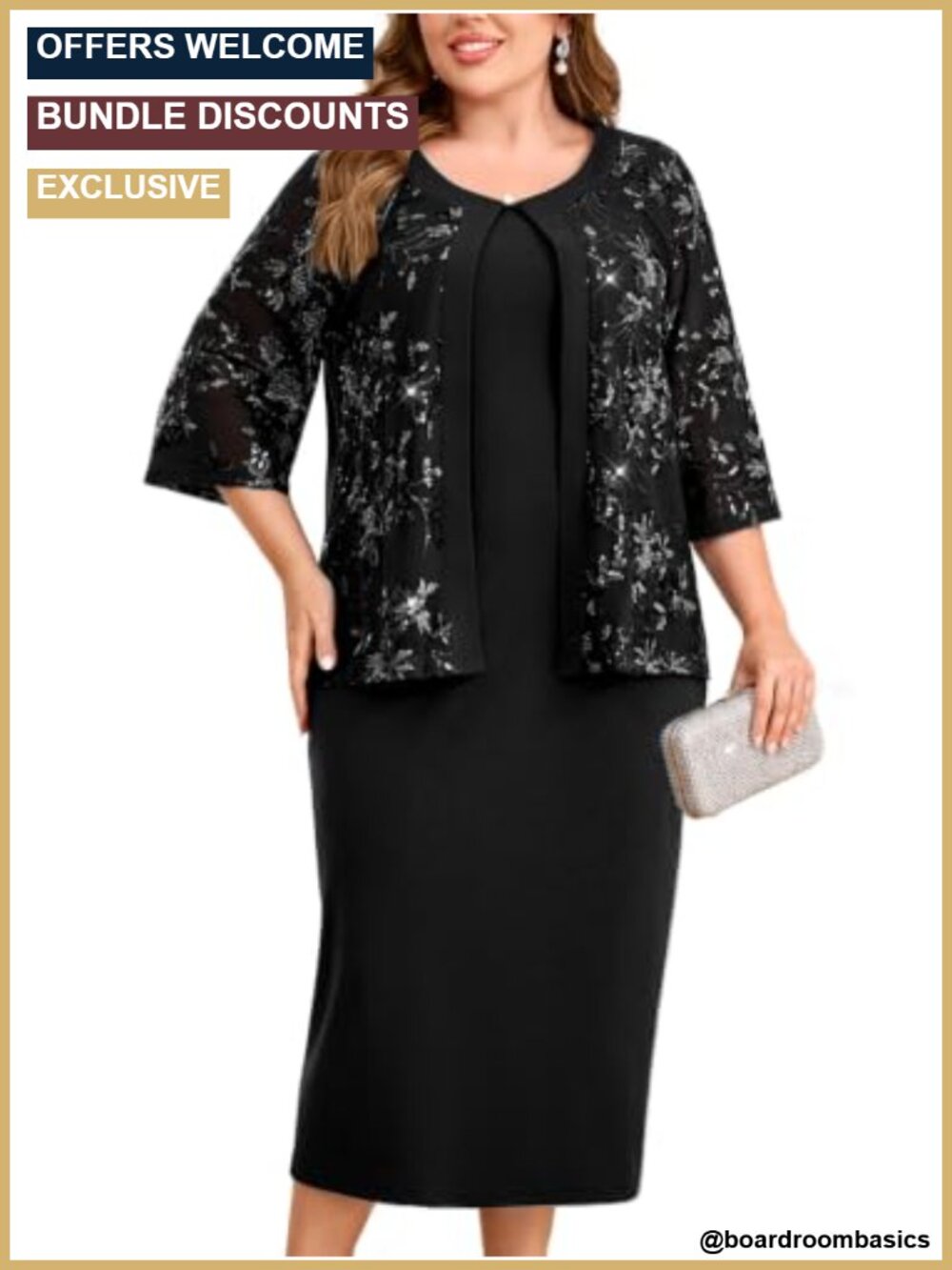 Plus Size 2 Piece Dressy Suit Sequin Jacket Midi Dress Formal Mother of Bride